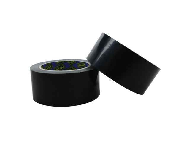 Durable black packaging tape (48mm x 66m) with strong adhesion, low noise release, and ideal for printing.