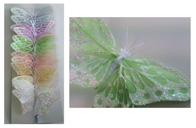 Colorful artificial butterflies with glitter, set of 12, featuring bendable wire for versatile decorating options.