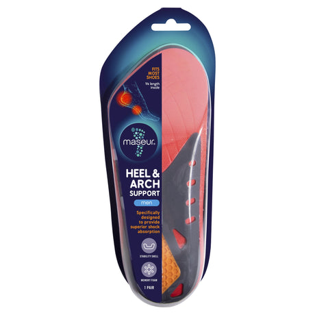 Footcare by Maseur insoles for men, featuring gel heel cup and memory foam for arch support and comfort in any shoe.