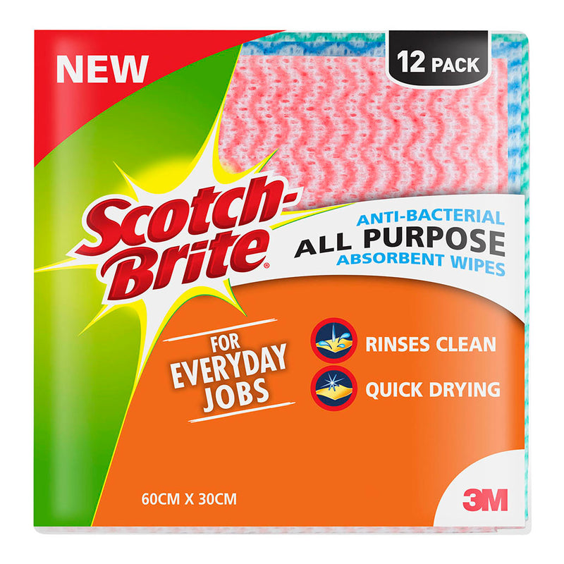 3M Scotch-Brite Anti-Bacterial All Purpose Absorbent Wipe Pkt/12