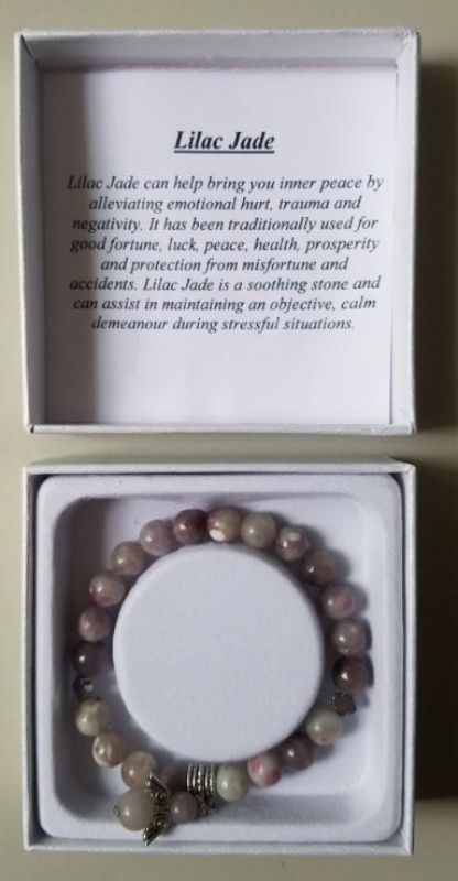 Lilac Jade Bracelet showcasing elegance and calming properties, promoting peace and good fortune. Perfect for any style.