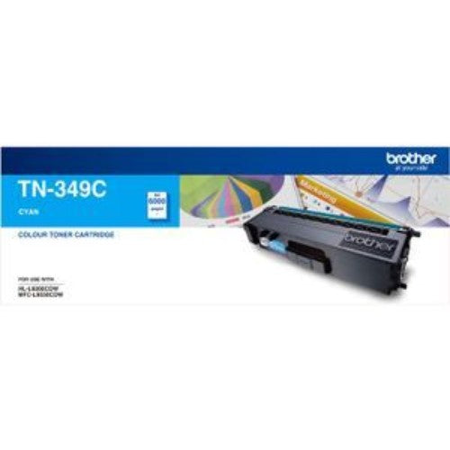 Brother TN-349C Toner Cartridge in Cyan, offering up to 6000 pages of high-quality, vibrant color prints for Brother printers.