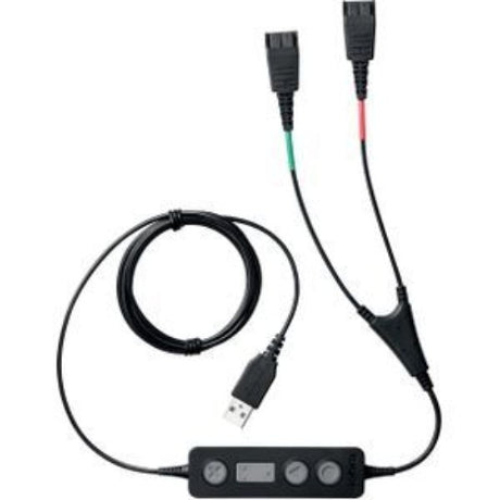 Jabra LINK 265 USB/QD Training Cable connects two headsets for real-time supervisor feedback during training sessions.