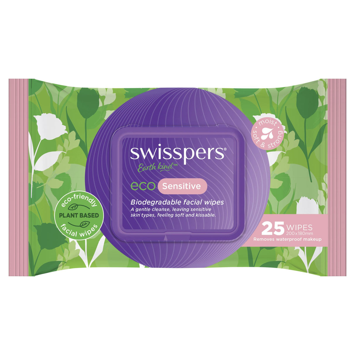 Biodegradable Swisspers Eco Sensitive Facial Wipes pack, made from natural fibers for gentle cleansing of sensitive skin.