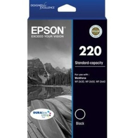 Black EPSON DURABrite Ultra 220 ink cartridge, offering sharp, durable prints for optimal home and office use.