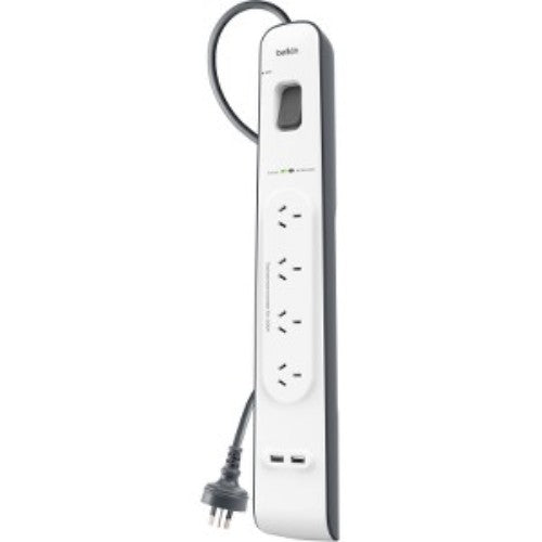 Belkin 4-Outlets Surge Protector with 2 USB ports, 525 Joules, protects electronics from power surges and fluctuations.