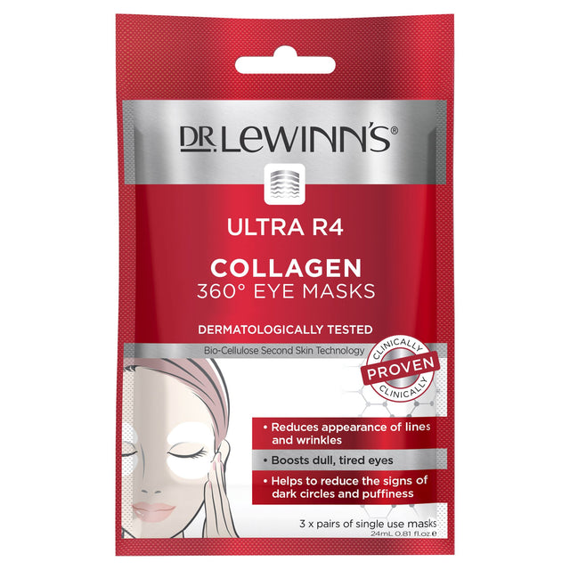 Dr. LeWinn's Ultra R4 Collagen 360° Eye Masks in a 3-pack deeply hydrate and rejuvenate tired eyes with potent collagen and bio-cellulose.