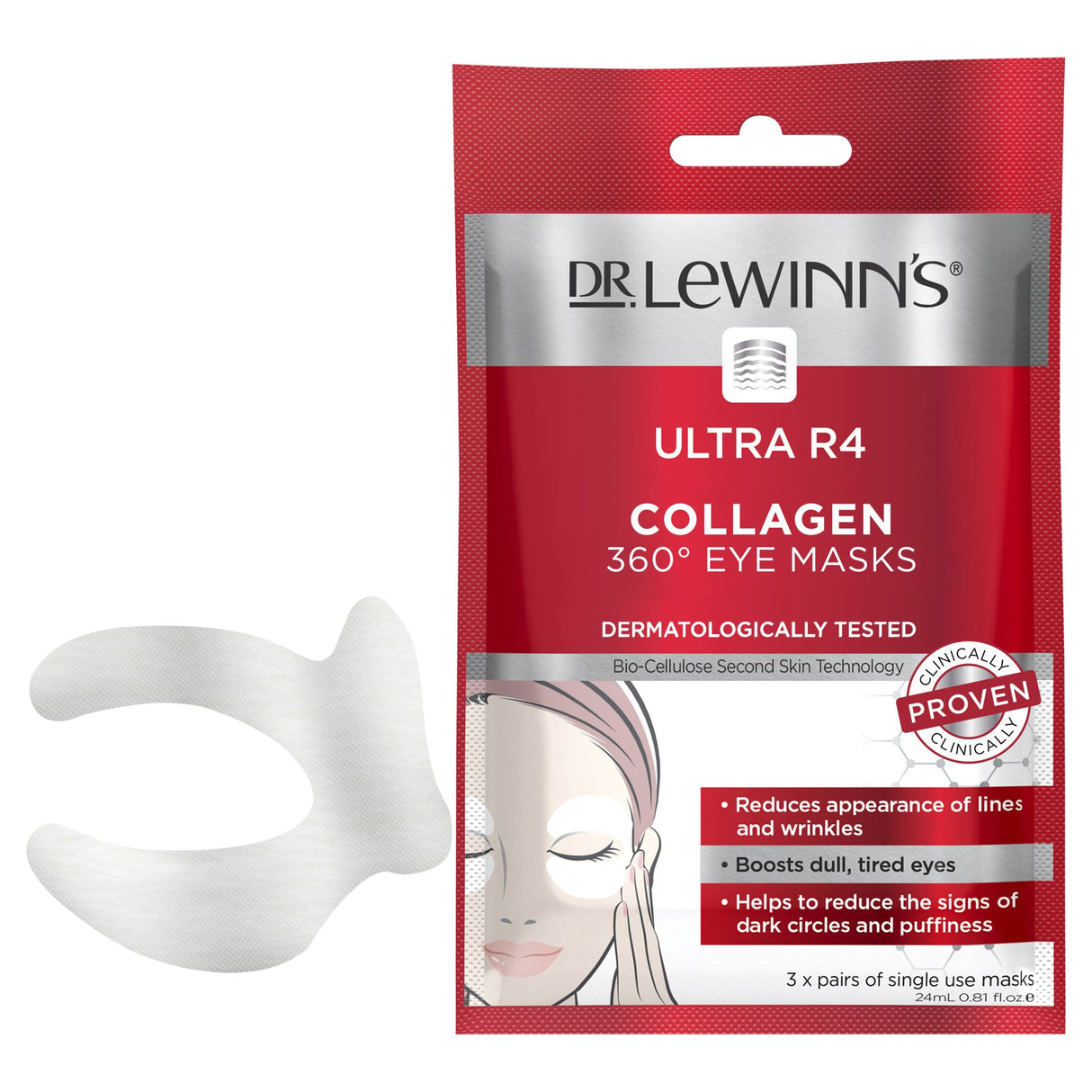 Dr. LeWinn's Ultra R4 Collagen 360° Eye Masks in a 3-pack, deeply hydrating masks targeting puffiness and wrinkles around the eyes.