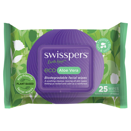 Eco-friendly Swisspers Aloe Vera facial wipes, biodegradable, soft, soothing, perfect for all skin types, with 98% natural ingredients.