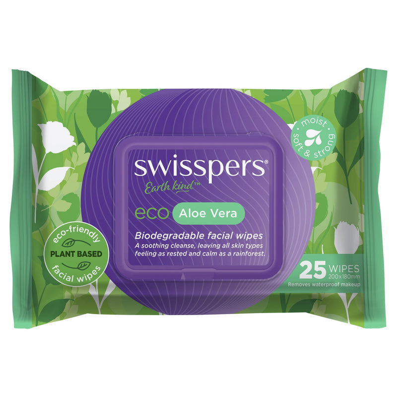 Swisspers Eco Aloe Vera Biodegradable Facial Wipes 25 Pack