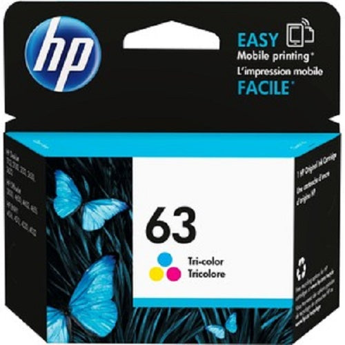 HP 63 Tri-colour Original Ink Cartridge for vibrant prints, yields 165 pages, ideal for home and office use.