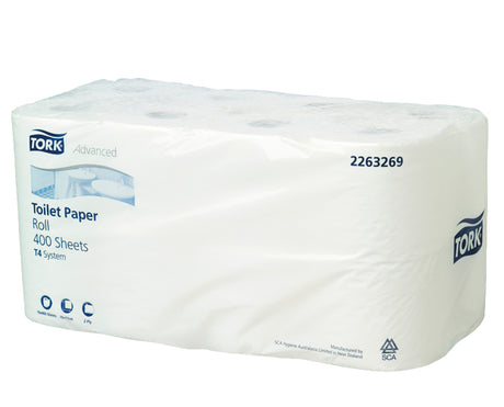 Soft 2-ply Tork toilet tissue rolls with quilt embossing, packed in 48 for comfort, absorbency, and reliability.