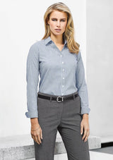 Ladies relaxed fit grey pants from Biz Collection featuring mid-rise design, comfortable waistband, and practical pockets. Size 8.