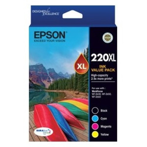 High-capacity 4-pack Epson DURABrite Ultra ink cartridges in Black, Cyan, Magenta, and Yellow for vibrant, durable printing.