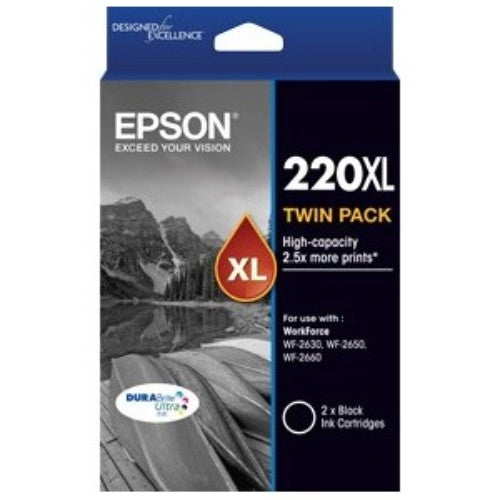 High-capacity twin black ink cartridges for Epson, featuring DURABrite Ultra technology for vivid, long-lasting prints.