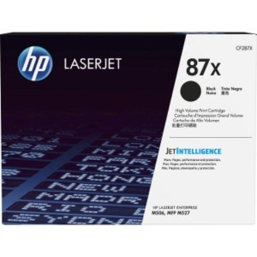 HP 87X Toner Cartridge for high-volume printing, yields up to 18,000 pages with superior reliability and crisp, vibrant prints.