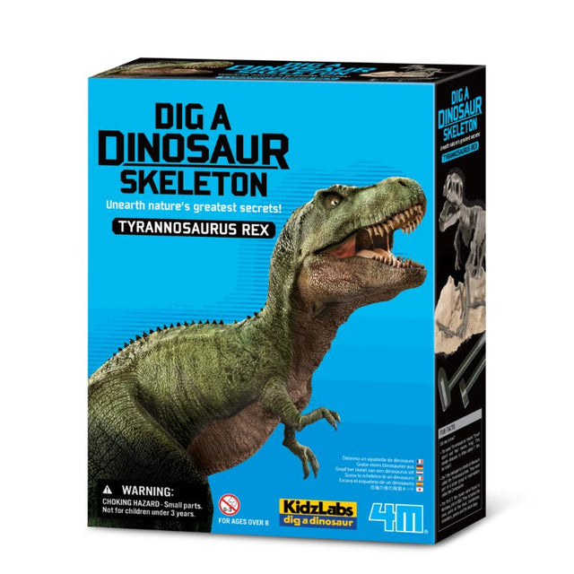 Children excavating a realistic T-Rex skeleton with the Dig A T Rex Skeleton kit by 4M, promoting learning and discovery.