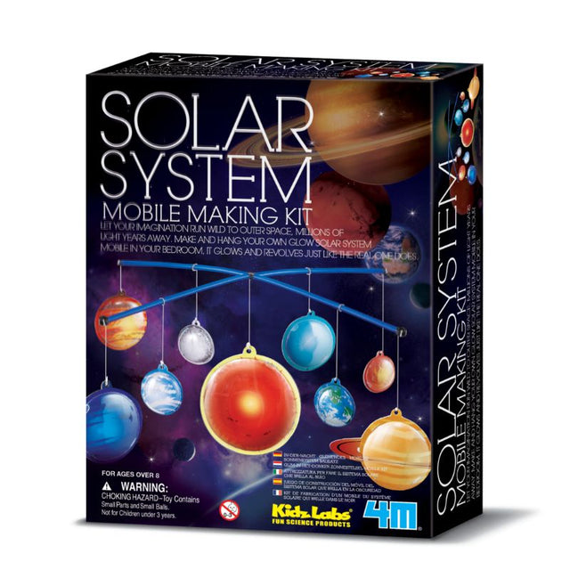 Glow-in-the-dark 4M Solar System Mobile DIY craft kit for kids, featuring painted planets that revolve in the dark.