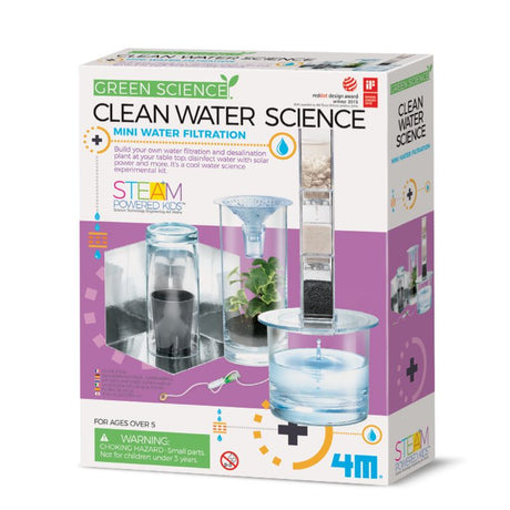 "Kids building a solar-powered water filtration and desalination plant with the Clean Water Science - 4M educational kit."