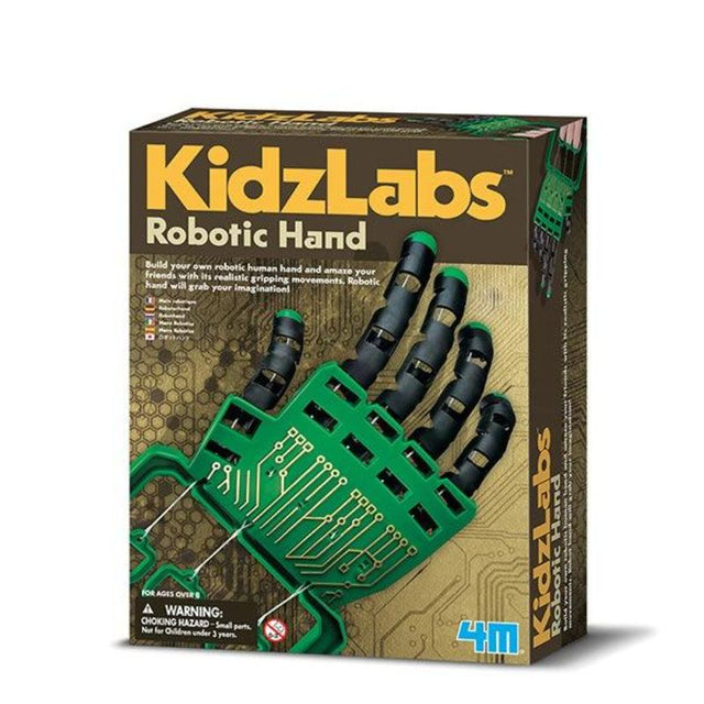 Interactive DIY kit for ages 10+, featuring a robotic hand with realistic gripping movements for STEM learning.