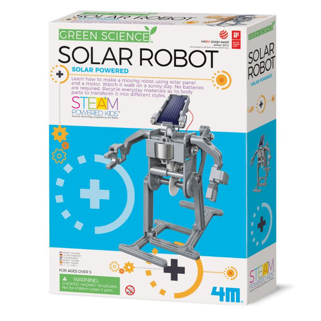 A DIY solar-powered robot kit from 4M that walks using sunlight, fostering creativity and STEM learning.