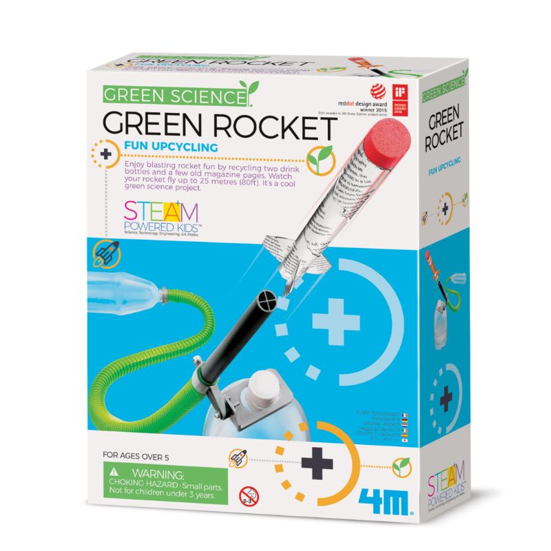 Eco-friendly Green Rocket science kit by 4M, crafted from recycled bottles, launches up to 25 meters for hands-on STEM fun.