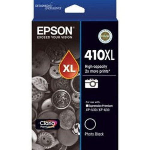 High-capacity Epson 410XL photo black ink cartridge for vibrant prints and sharp text, perfect for photos and documents.