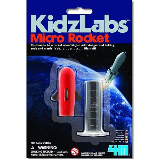 KidzLabs Micro Rocket DIY science kit for kids, launching mini rockets using vinegar and baking soda, promotes STEM learning.