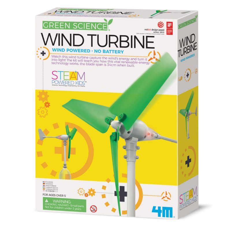 Build Your Own Wind Turbine kit features a 5-inch windmill generator, LED bulb, and eco-friendly design for ages 8+.