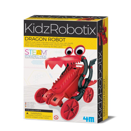 A DIY robotic dragon kit by 4M, designed for kids to build a crawling dragon with moving jaws, enhancing STEM learning fun.