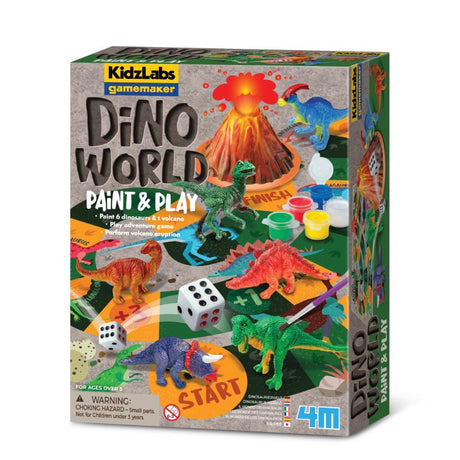 Colorful Dino World Paint & Play set featuring 6 dinosaurs and an interactive volcano for creative painting and adventure games.