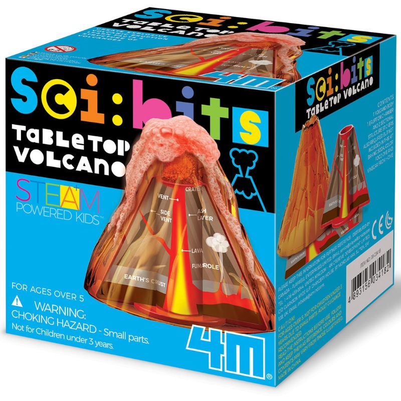 Kids' DIY Sci:Bits Table Top Volcano kit from 4M creates vibrant eruptions for fun, hands-on science learning at home.