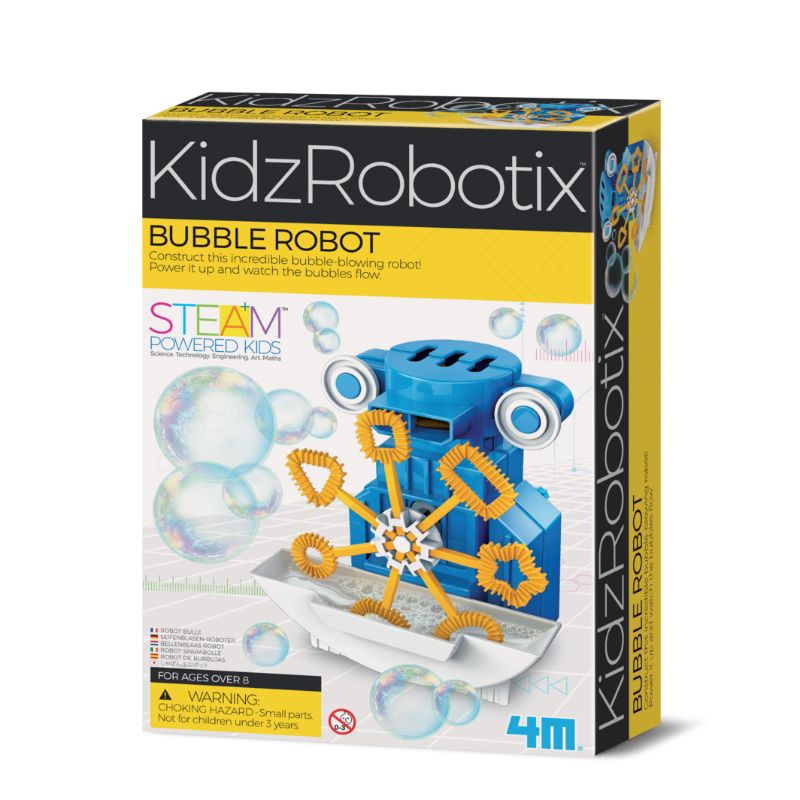 Colorful Bubble Robot kit by 4M, designed for kids to build a bubble-blowing robot for fun and educational STEM experiments.