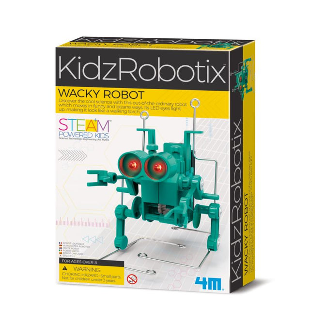 Colorful Wacky Robot kit with LED eyes, designed for kids to build and explore robotics through fun, hands-on learning.