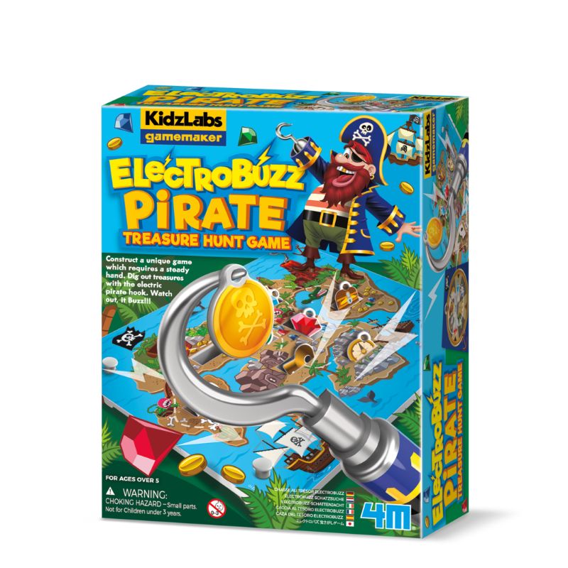 Electric pirate hook tool digging for treasures, engaging kids 6+ in fun, teamwork, and adventurous play with 4M's treasure hunt.