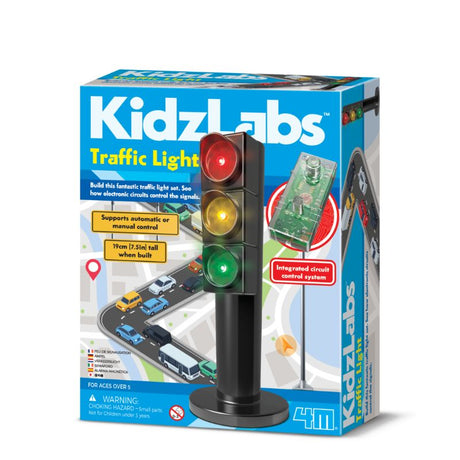 Hands-on educational kit allowing children to build a working traffic light while learning about electronics and circuit design.