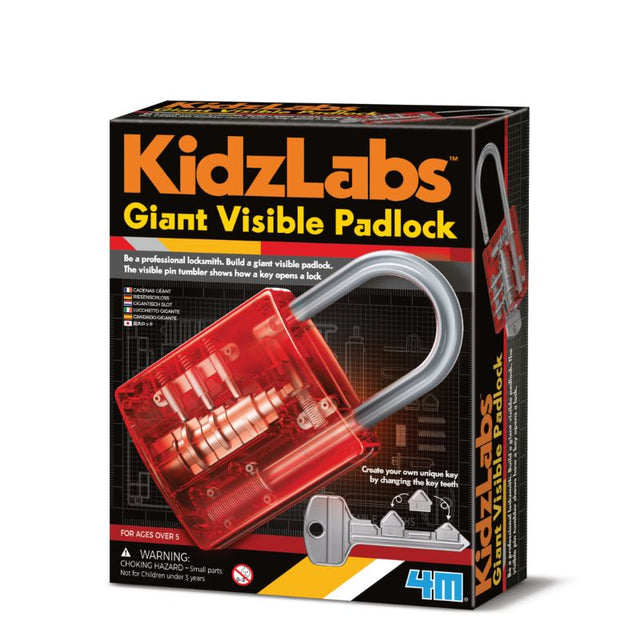 Giant Visible Padlock by 4M, a transparent educational toy showcasing a pin tumbler mechanism for hands-on learning.