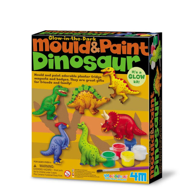 Mould & Paint kit for kids to create glowing dinosaur figurines, enhancing creativity and fine motor skills.