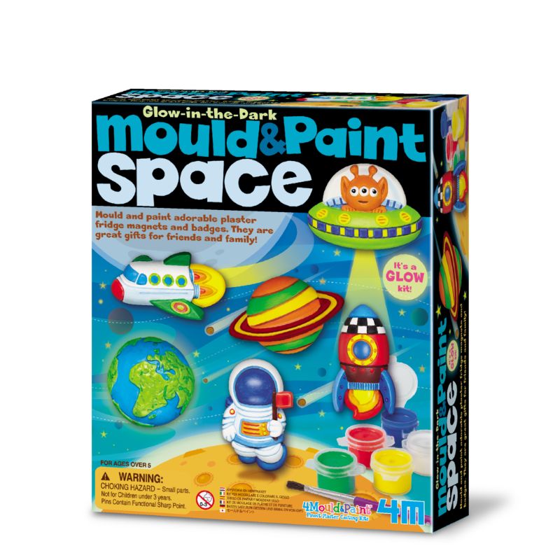 Glow-in-the-dark craft kit by 4M for creating space-themed plaster figurines like astronauts and rockets.