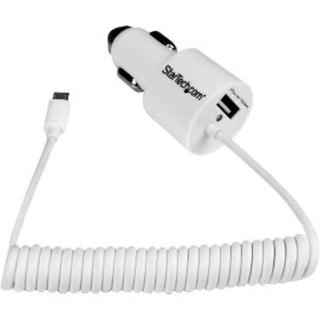 Dual-port car charger in white with built-in micro-USB cable, for simultaneous high-speed charging of two devices.