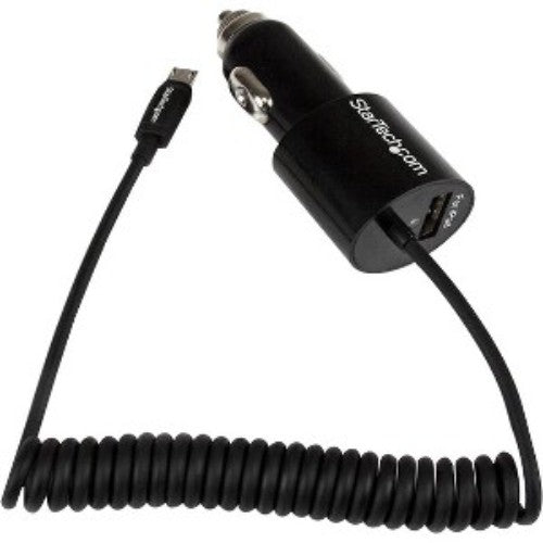 Dual-port car charger in black with integrated Micro-USB cable and USB port, designed for efficient simultaneous device charging.