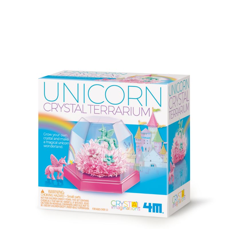 Colorful Unicorn Crystal Terrarium DIY kit by 4M, featuring sparkling crystals for creative crafting and learning.