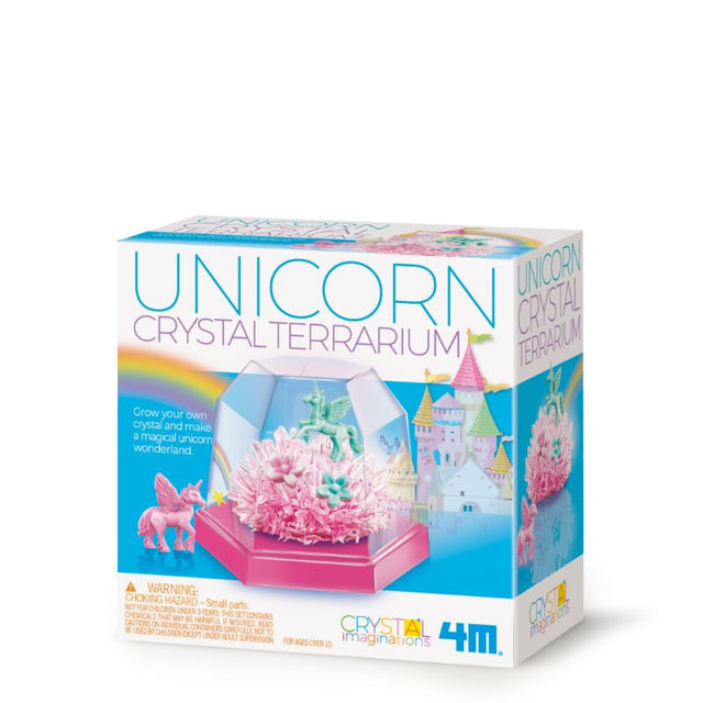 Colorful Unicorn Crystal Terrarium DIY kit by 4M, featuring sparkling crystals for creative crafting and learning.