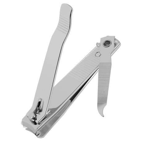 Chrome plated toenail clippers set with catcher and fold-out nail file for precise, mess-free grooming.