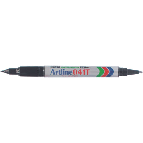 Artline 041t Permanent Dual Nib Marker set in black featuring 12 markers with super fine and fine tips for versatile marking.