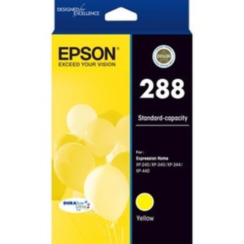 Epson DURABrite Ultra 288 yellow ink cartridge for vibrant, water-resistant, and fast-drying prints, ideal for home and office use.