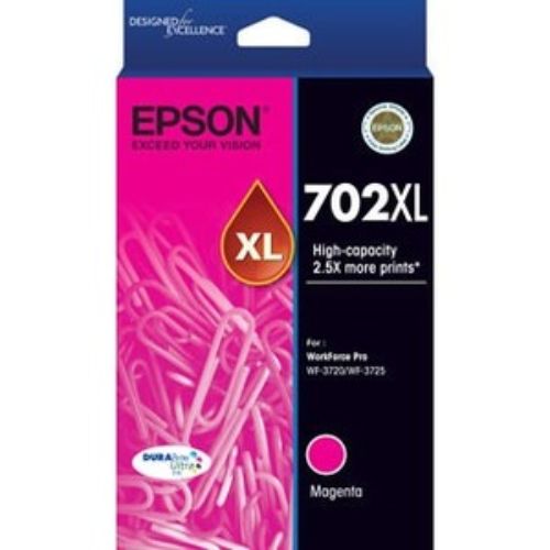 Epson DURABrite Ultra 702XL Magenta Ink Cartridge for vibrant, high-yield printing with water and fade resistance.