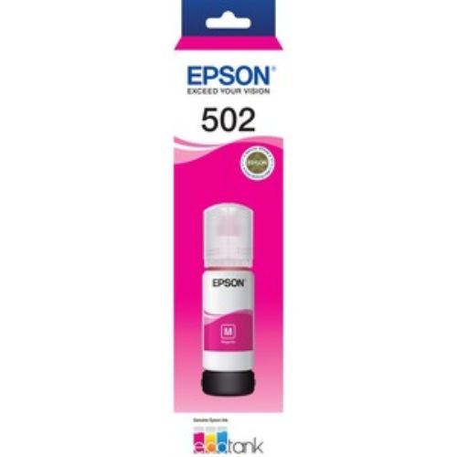 Epson T502 EcoTank Magenta Ink Bottle for vibrant, high-yield printing with auto-stop technology for easy refills.