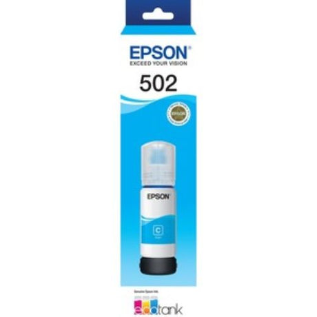 Epson T502 EcoTank cyan ink bottle for inkjet printers, offering ultra high yield and easy filling with auto stop technology.