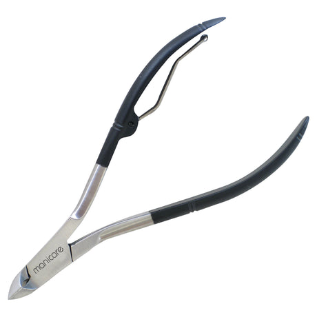 Manicare Cuticle Clippers with Side Spring, stainless steel, sharp edge, ergonomic black handles for precise nail care.